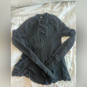 Free People Black Lace-Inset Long Sleeve Tee